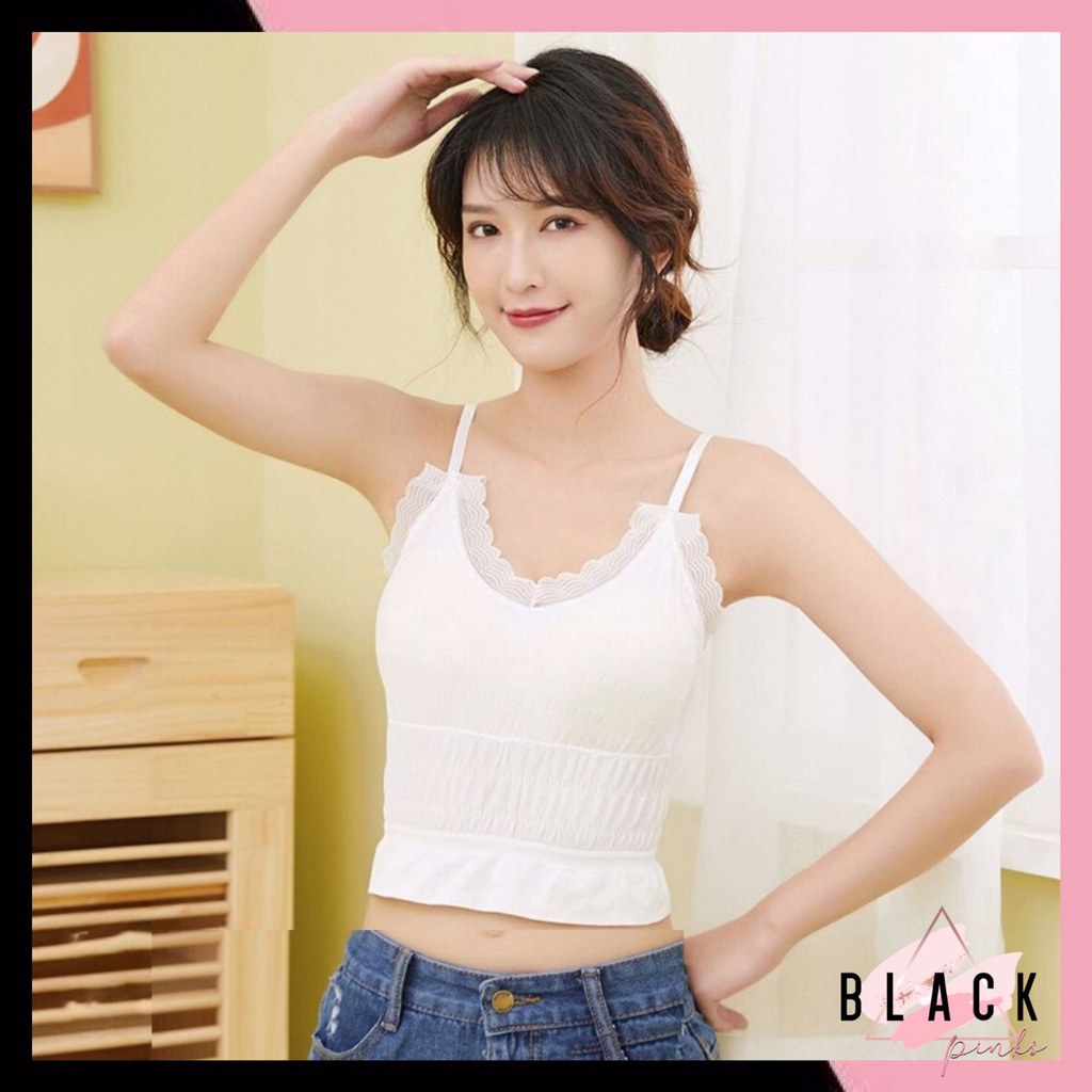 Blackpink Bra Wanita Sports Bra V-Neck Tanktop BRA Lace dengan Pad Busa untuk Yoga Athvutar Crop Top Renda Solid 1202