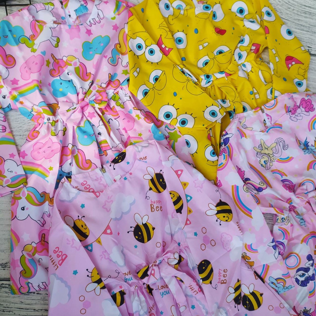 Setelan Set Baju Anak Perempuan Lengan Panjang Motif Lucu Setena Dress Anak Panjang Usia 3-7 tahun