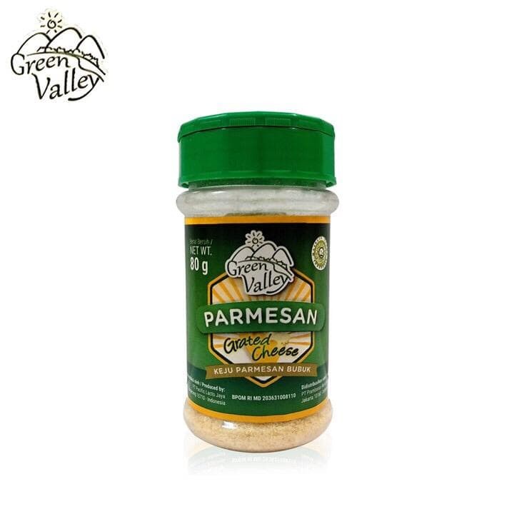 

Green Valley Parmesan Cheese Keju Grated Bubuk Powder Parut Kemasan Botol non Macaroni Kraft Gelatin Mozarella Cheddar