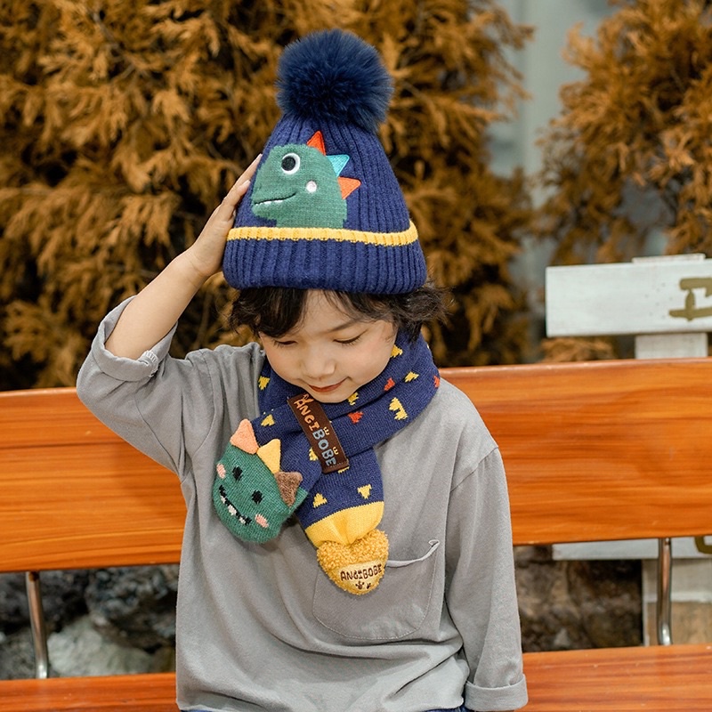 Beanie set kids topi syal winter anak kupluk musim dingin balita hangat import cute lucu penghangat leher kepala cowok cewek dino rabbit