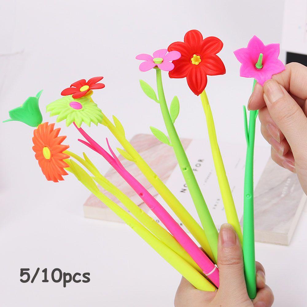 Populer5/10pcs Warna Random Bunga Gel Pen Alat Tulis Warna-Warni Sekolah Tinta Hitam