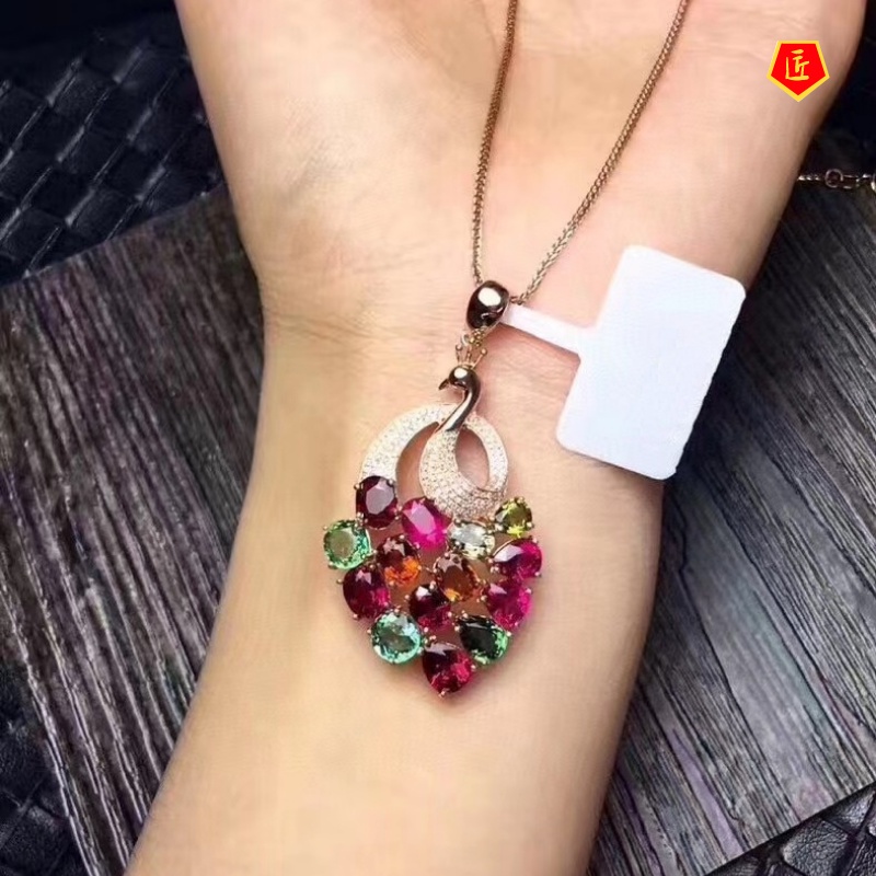 [Ready Stock]Colorful Gem Peacock Pendant Rose Gold Necklace Fashion Elegant Personality