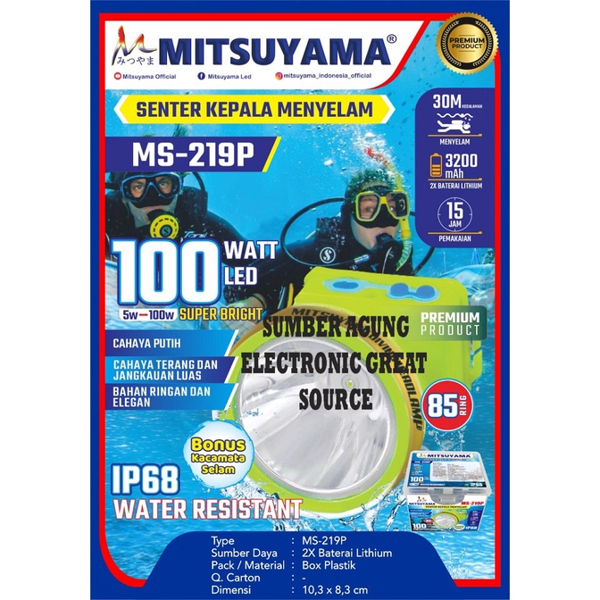 MS219P Mitsuyama Senter Kepala Menyelam 100W MS219 Cahaya Putih IP68 Bonus Kacamata Selam