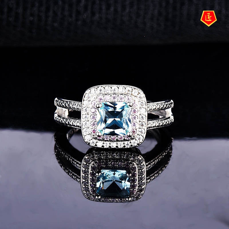 [Ready Stock]Luxury Full Diamond Topaz Sea Blue Diamond Ring