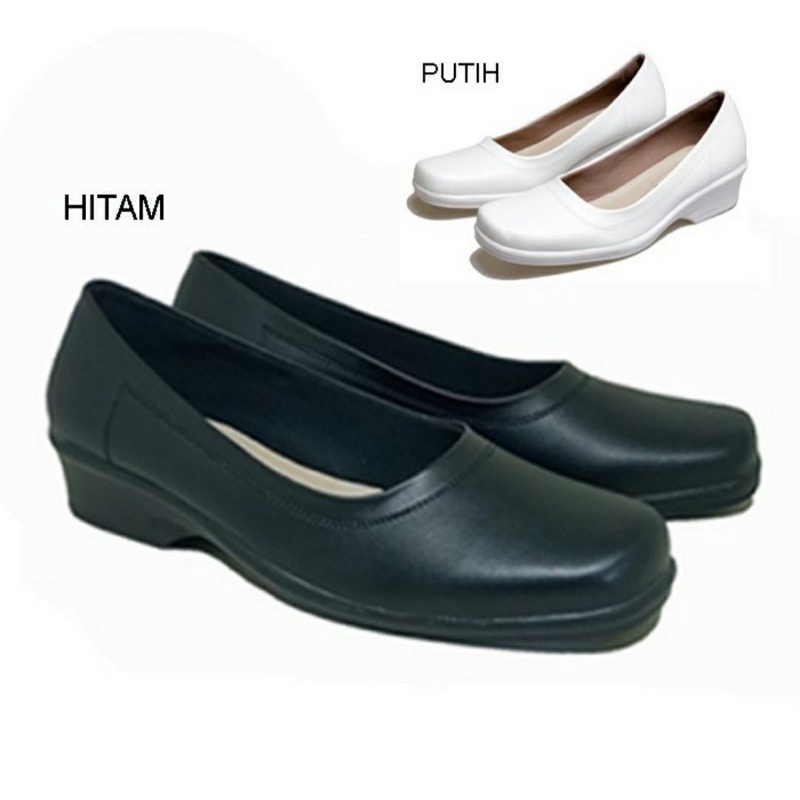 Sepatu Pantofel Wanita Putih-Hitam 36-41 / Sepatu Cewe Kantor Suster Perawat Bidan Dokter ,Kulit 41