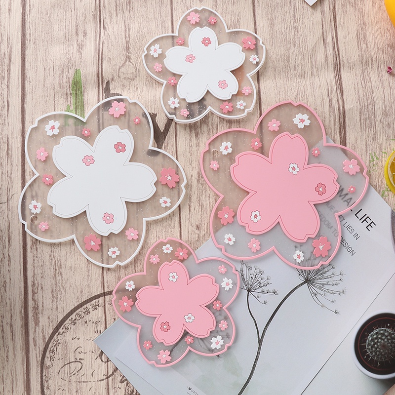 Matras Cangkir Teh Model Insulasi Anti-Selip Desain Cherry Blossom Untuk Kantor