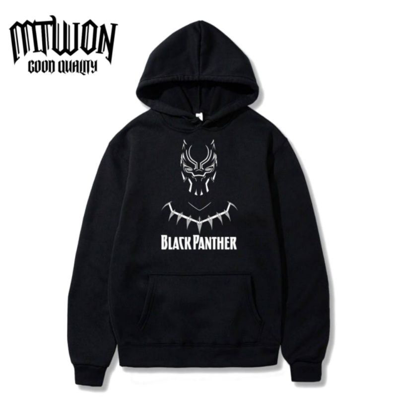 Jaket Hoodie BLACK PANTHER - WAKANDA FOREVER marvel studio film jacket non Zipper hitam pria wanita 