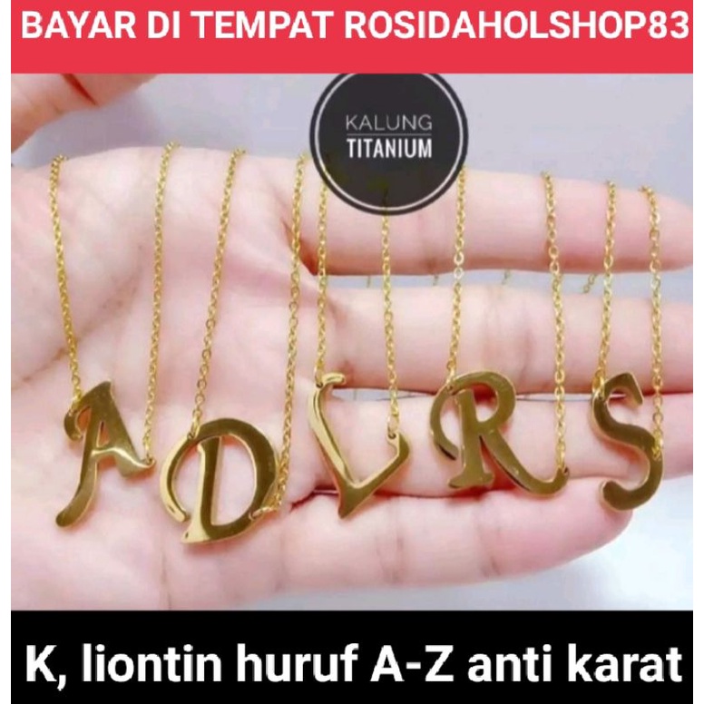 PERHIASAN WANITA TITANIUM ANTI KARAT, KALUNG LIONTIN HURUF A-Z LAPIS EMAS