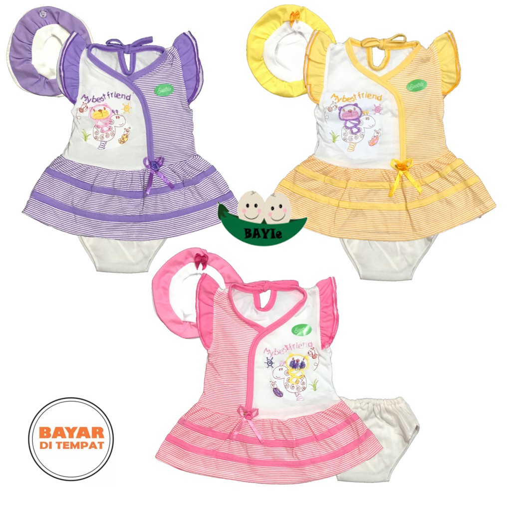 BAYIe - Baju bayi Perempuan Dress + Topi  motif BEAR SOOTHIE  usia 0-12 bulan / Pakaian anak Cewek