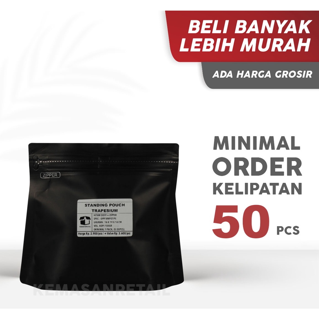 Standing Pouch Trapesium Import Zipper Hitam Doff 19x16 150gr | Zipper | Non Zipper | Kemasan Premiu