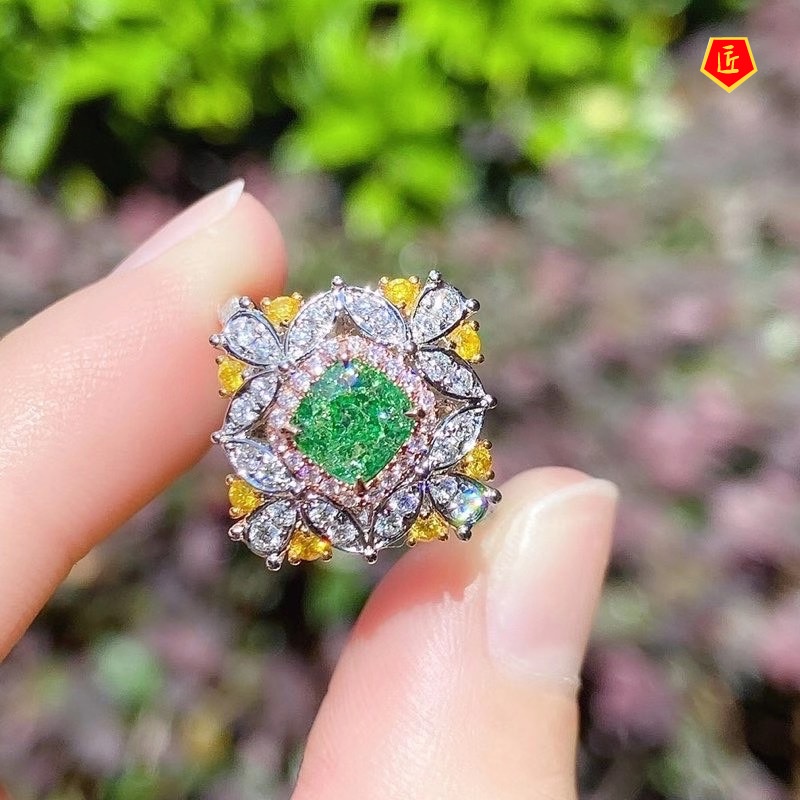 [Ready Stock]Luxurious Inlaid Emerald Ring Women's Elegant