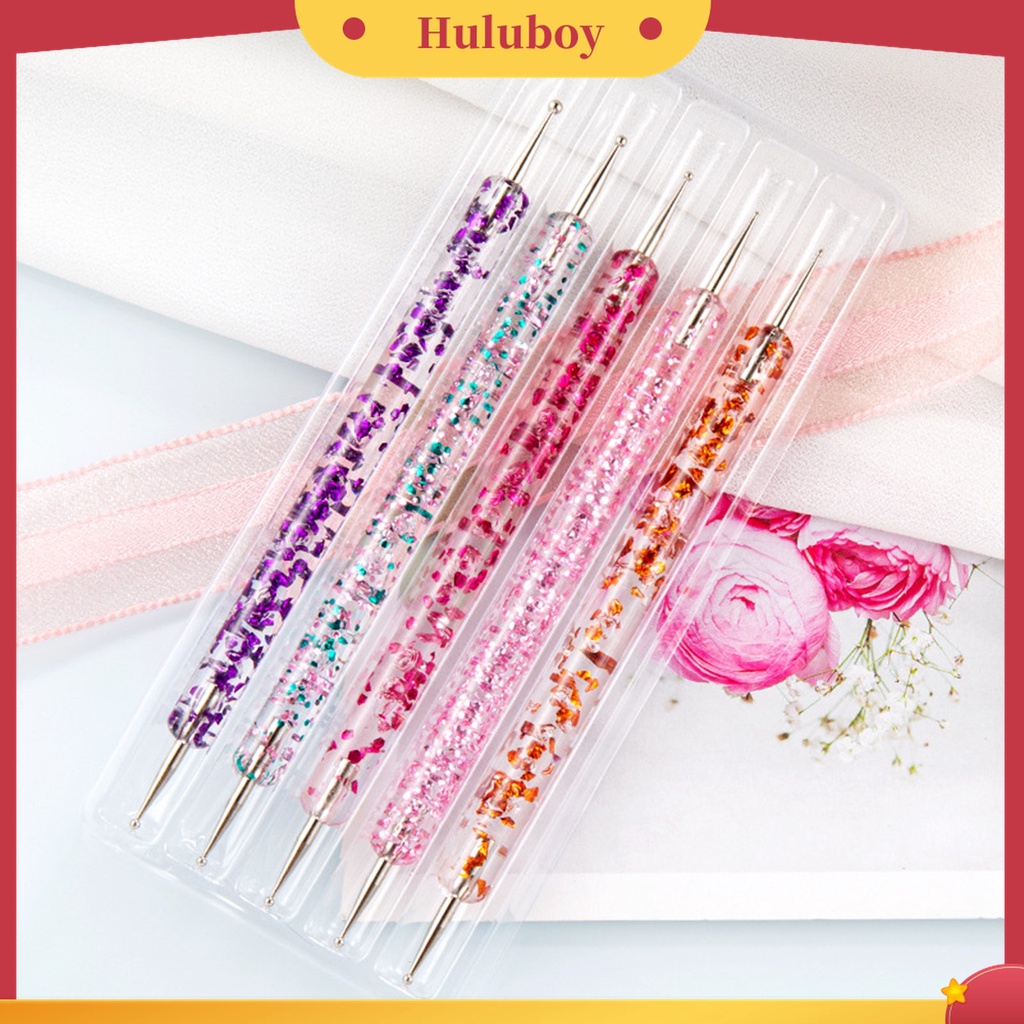 Huluboy Huluboy♡ 5pcs / Set Dotting Pen Kepala Ganda Bahan Akrilik UV Gel Motif Print Bunga Untuk Manicure
