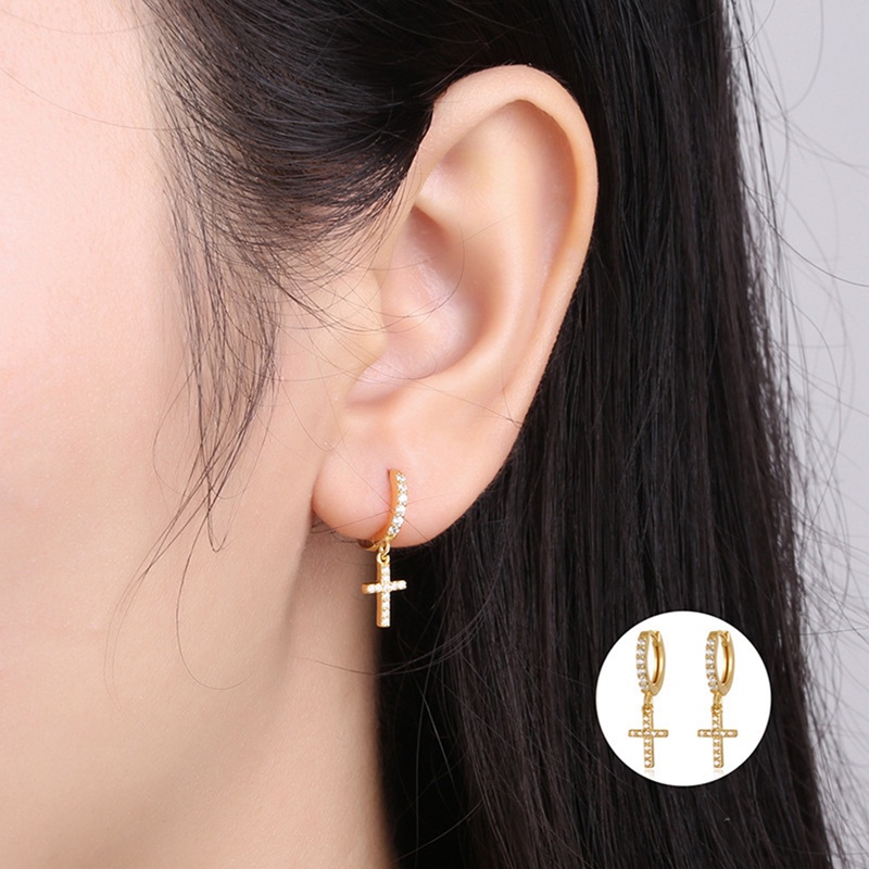 Anting Liontin Salib Bahan Zirkon Warna Silver Untuk Aksesoris Wanita