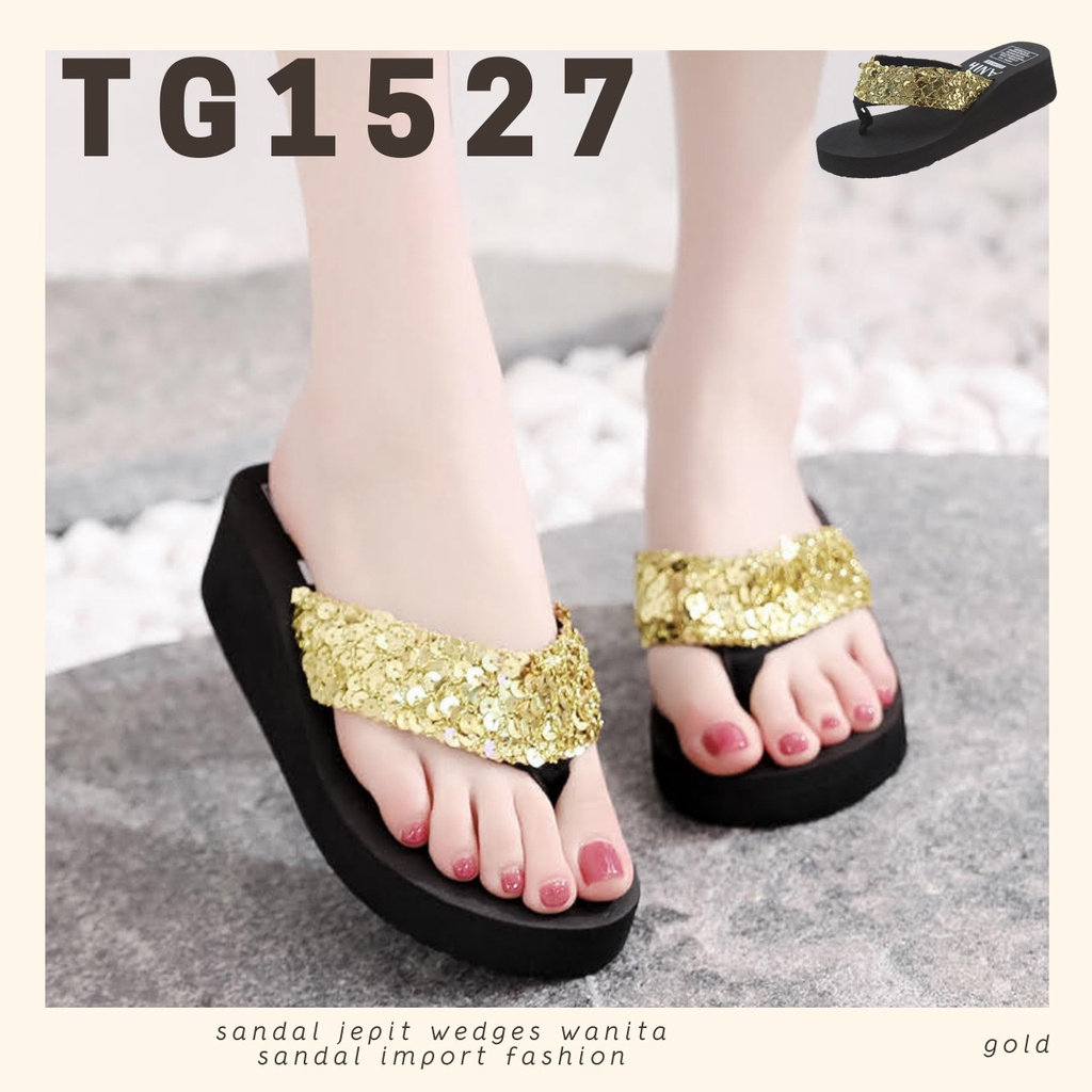 CUCI GUDANG TOPGROSIR TG1527 Sandal Jepit Gliter/Sequin Wedges Import Sandal Wanita