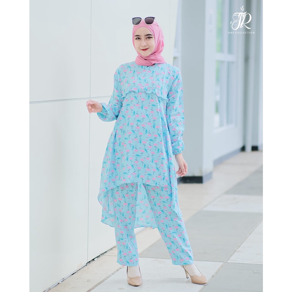 One set Celana Rayon MOTIF camelia abstrak tifany flamingo original JR ONE model bat cave homedress