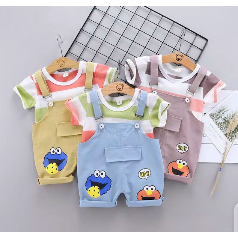 setelan kaos rainbow overall jeans elmo anak cewek cowok import murah baju anak kembar lucu