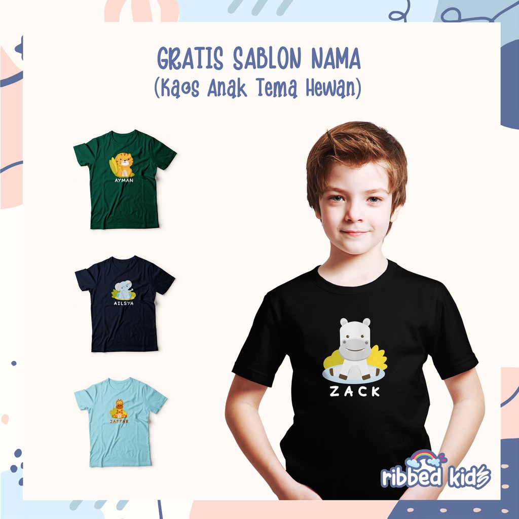 GRATIS SABLON NAMA  KAOS ANAK TEMA HEWAN, ANAK LAKI LAKI, KAOS CUSTOM ANAK  0-12TH  ATASAN KATUN COMBED 30s By Ribbedkids