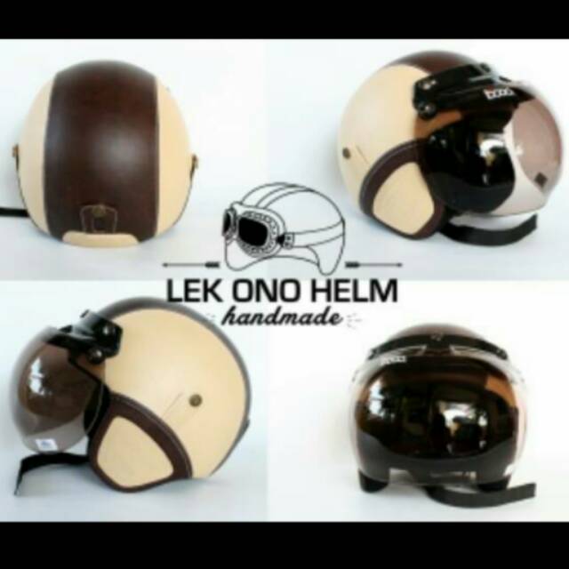 Helm Bogo Retro Kulit Classic Coklat Krem + Kaca Bogo Ori