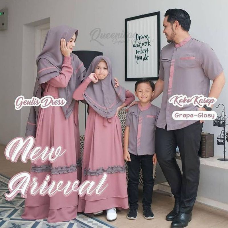 setelan sarimbit lebaran geulis kasep/gamis syar'i Khimar ibu dan anak/Koko couple ayah