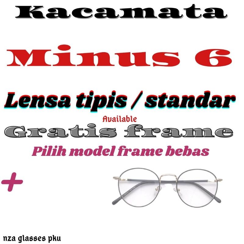 kacamata minus 6 dengan frame premium, lensa hi index 1.67 standar optik