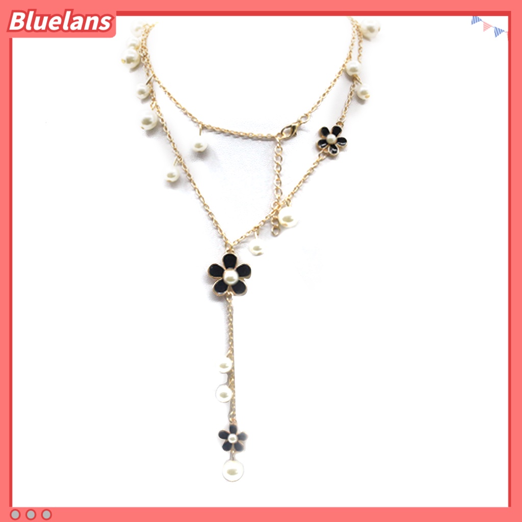 Bluelans Kalung Rantai Panjang Desain Bunga Mutiara Tiruan Gaya Korea Untuk Wanita