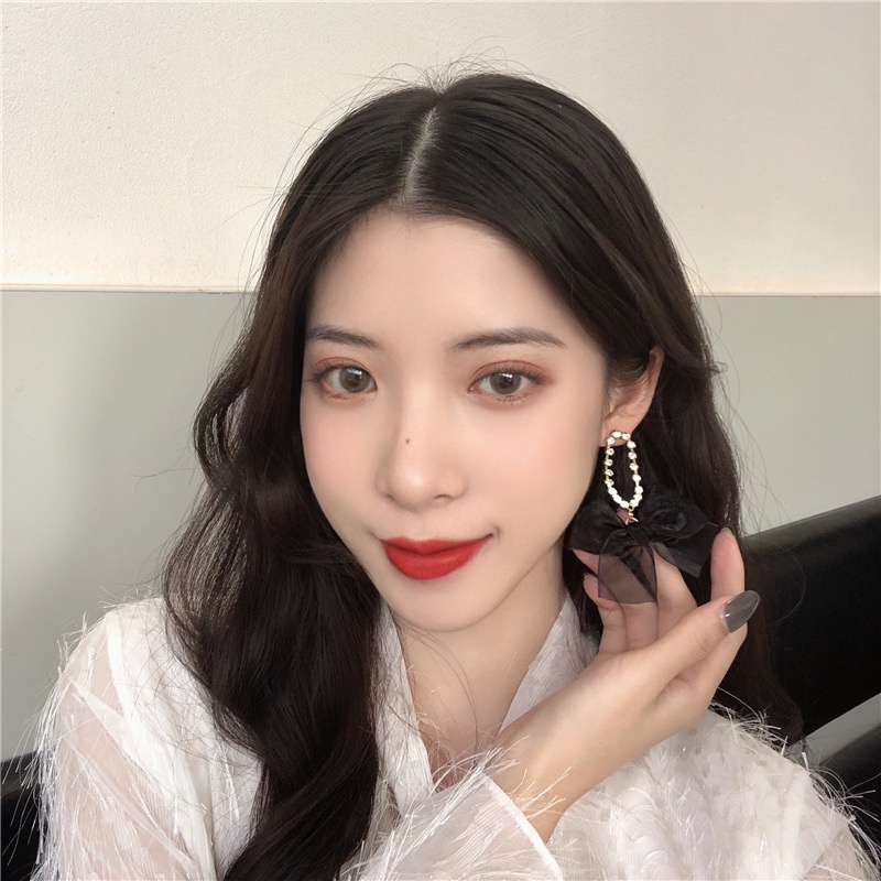 Anting S925 Silver Needle Bentuk Pita Warna Hitam Gaya Korea Untuk Wanita