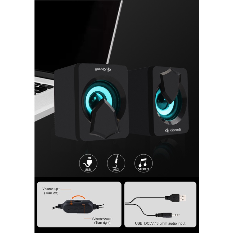 KISONLI - Speaker 2.0 Komputer / Laptop Multimedia Lampu LED L-1030 Hitam-5