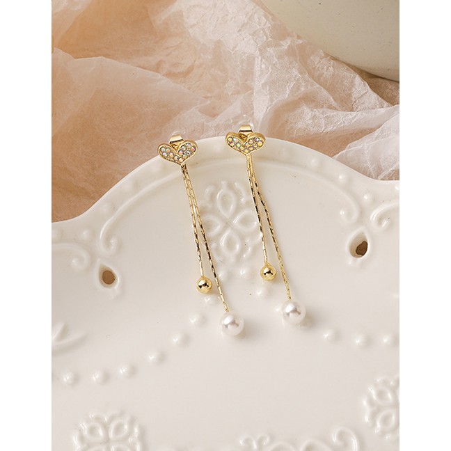 LRC Anting Tusuk Fashion Golden Love Pearl Tassel Alloy Earrings P22276