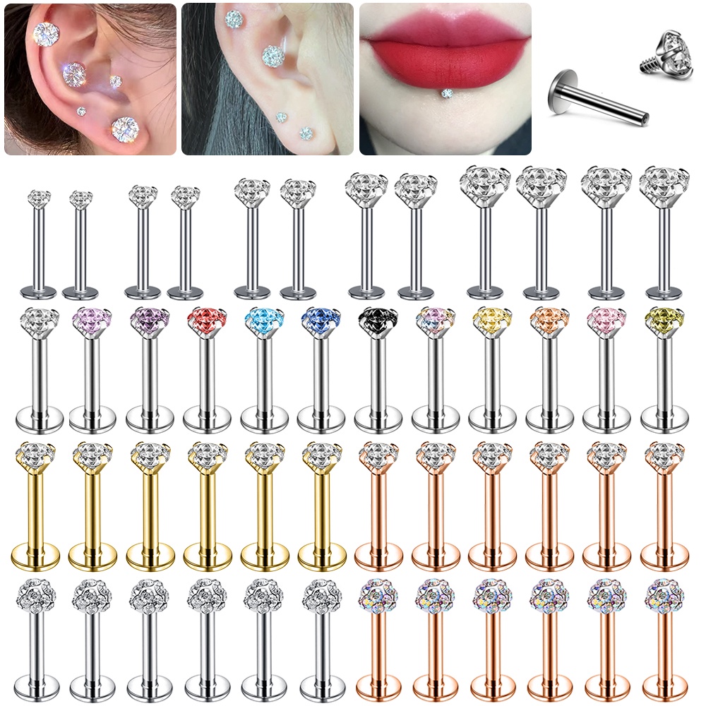 10-12pcs / lot Anting Tindik Bibir / Tulang Rawan Telinga Bahan Stainless Steel Hias Kristal Ukuran 2 / 3 / 4 / 5 / 6mm