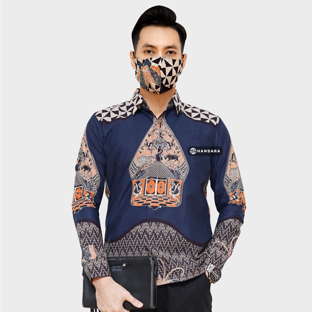 Baju Kemeja Batik Pria Lengan Panjang Slim Fit Premium Modern Full Furing Katun Halus Original Handara Motif Gunungan Sindoro Navy HB-104