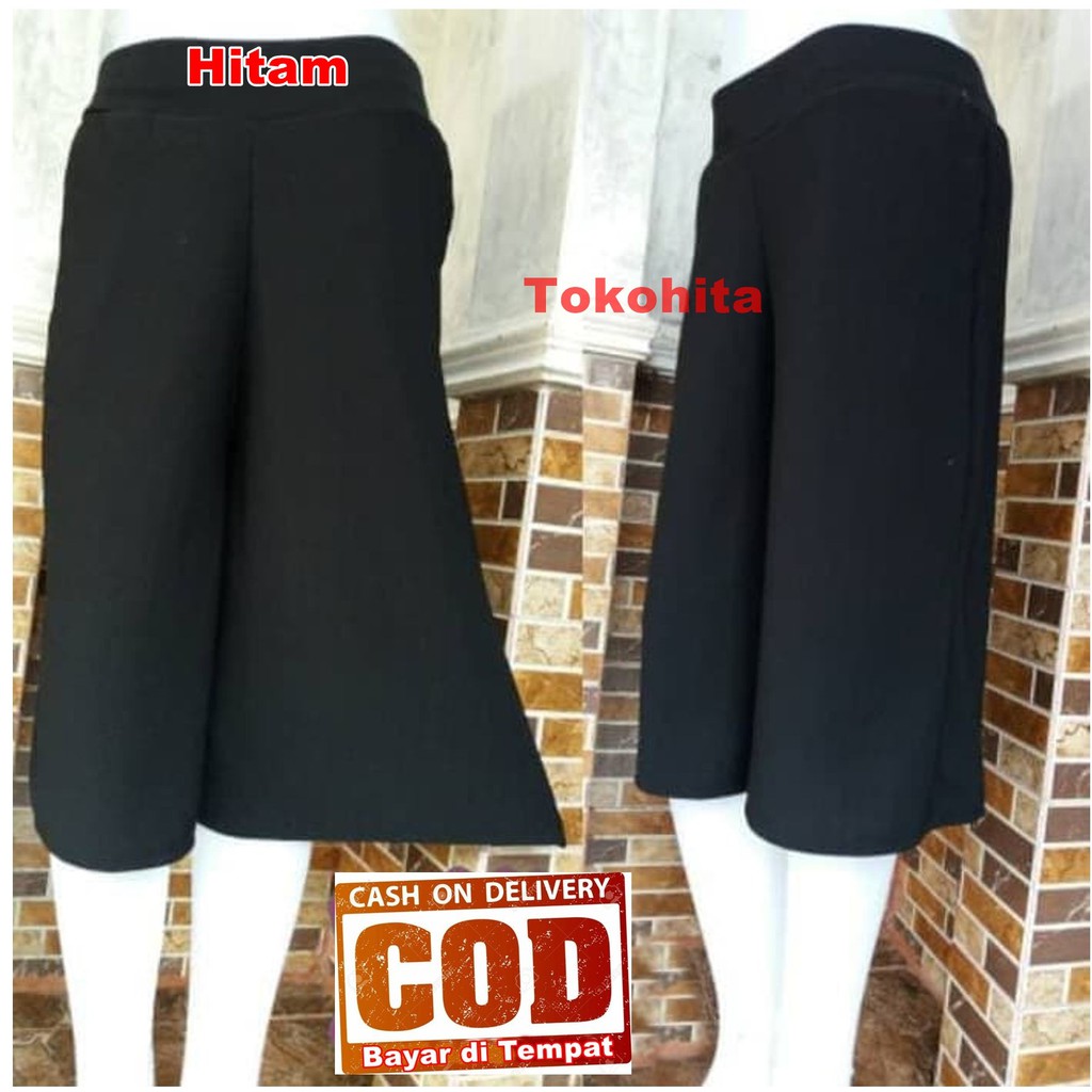 Morashop Celana Kulot Pendek 3/4 Polos Bahan Waffle Crepe Kulit Jeruk-Hitam
