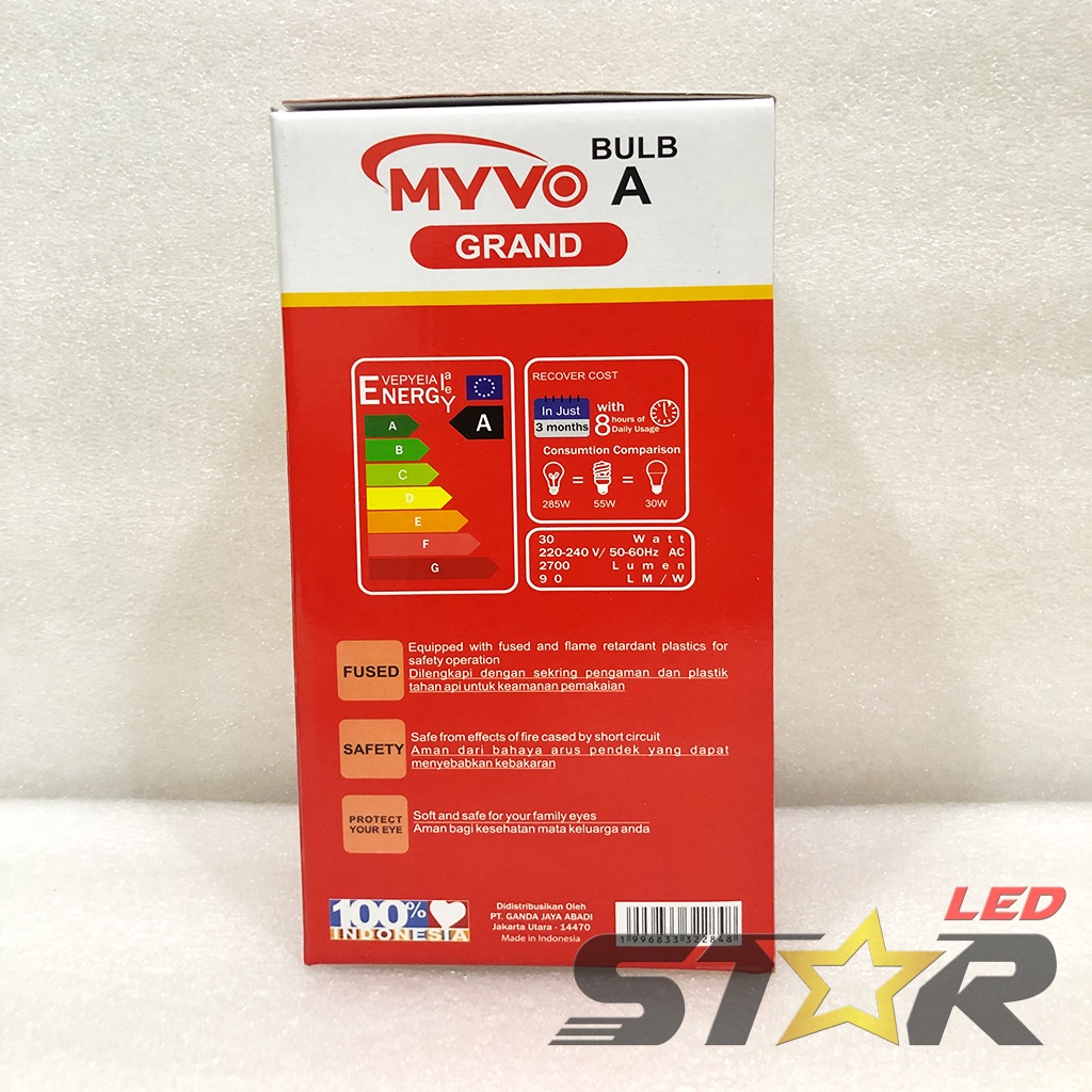 MYVO Grand Bulb A LED 30W Lampu Bohlam Bulat Murah Hemat Energi Irit Listrik Super Terang 30 WATT Star
