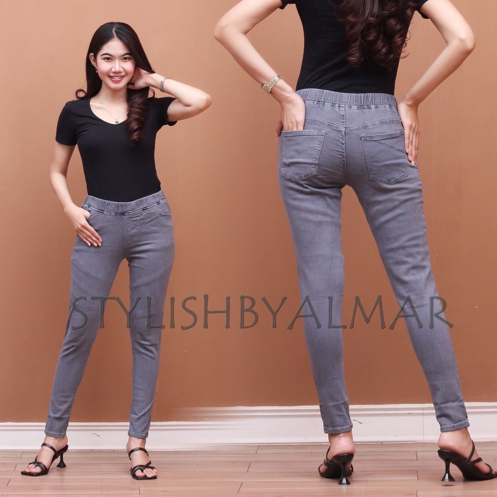 celana jeans wanita pinggang karet legging cewek pensil slim fit ukuran jumbo 31 sampai 42 Hitam biru dongker biru muda abu