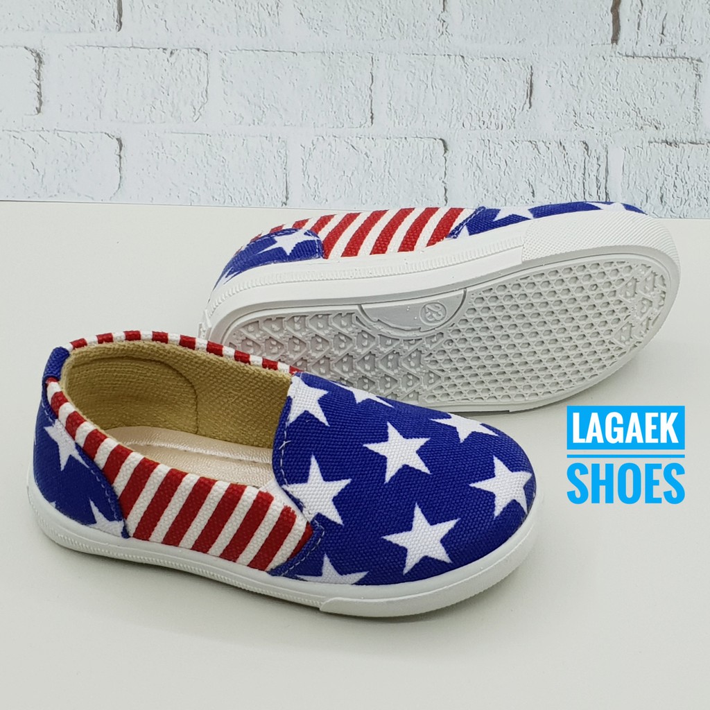 Sepatu Anak Laki Usia 5 6 7 Tahun Slip On Bintang BIRU - Sepatu Anak Alas Karet Size 32 - 35