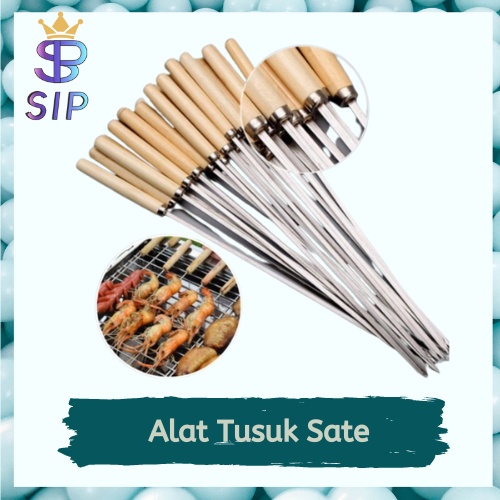 Alat Tusuk Sate Stainless Steel BBQ Tusukan Sate Sosis Jagung Daging Ayam Kambing Sapi Full Stainles / Dengan Gagang Kayu