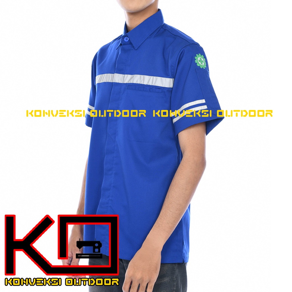 KEMEJA WEARPACK BAJU SAFETY K3 OUTDOOR INDOOR - Seragam Kemeja Kerja Lapangan Lengan Pendek Proyek Bangunan Tambang Alat Berat PLN Enginer Instalasi Mesin werpek sefti Scotlit Warna Biru Konveksi Outdoor