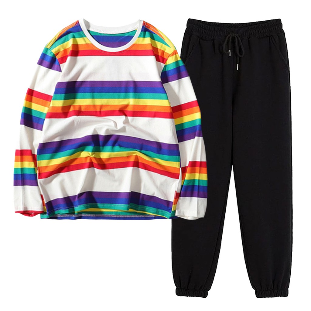 BESS - Baju Setelan Wanita Murah / Setelan Kaos Salur + Celana Jogger - RAINBOW 4