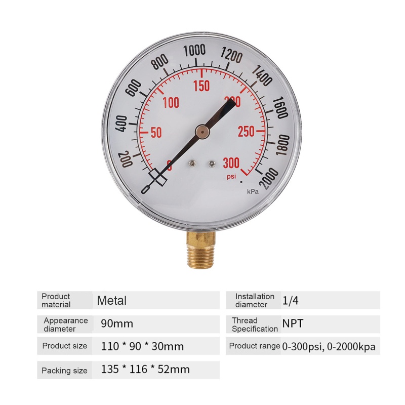 Meteran Tekanan Ulir BSPT 1 / 4 &quot;Untuk Bensin Udara Air Minyak 0-300psi / 0-2000kps