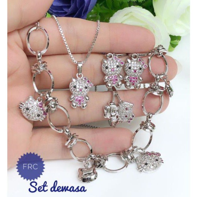 (FEB) Set Perhiasan DEWASA Lapis Emas Xuping Gelang Kalung Cincin Anting Hello Kitty Gold Silver