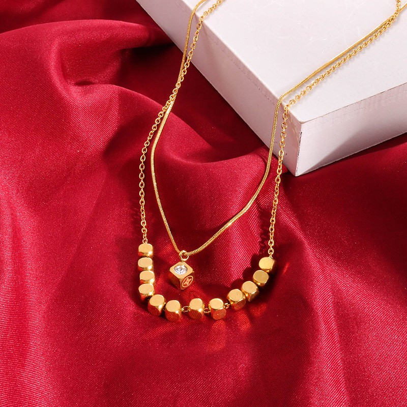 Kalung dua layer susun kubus zircon titanium anti karat harga grosir bisa cod