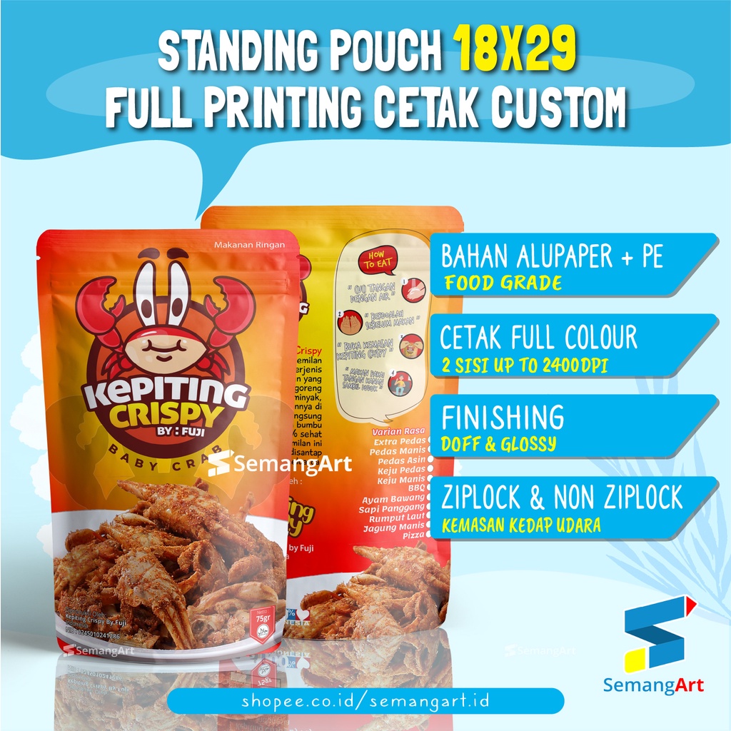 Cetak Kemasan Standing Pouch 18 x 29 Zipper Non Ziplock Makanan Custom