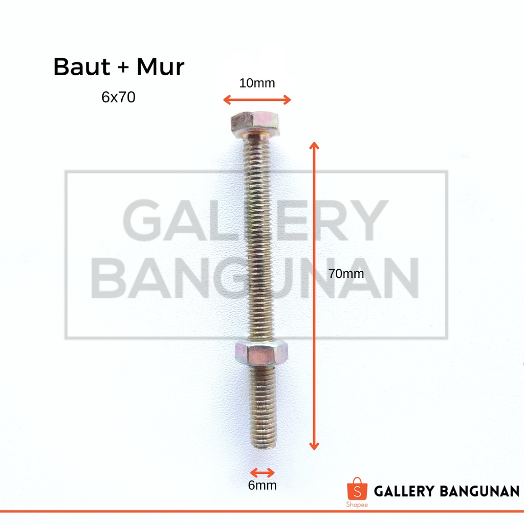 Baut Mur M6x70 Kuning Kunci 10 Panjang 70mm 70 mm 7cm 7 cm Hexagonal 6x70