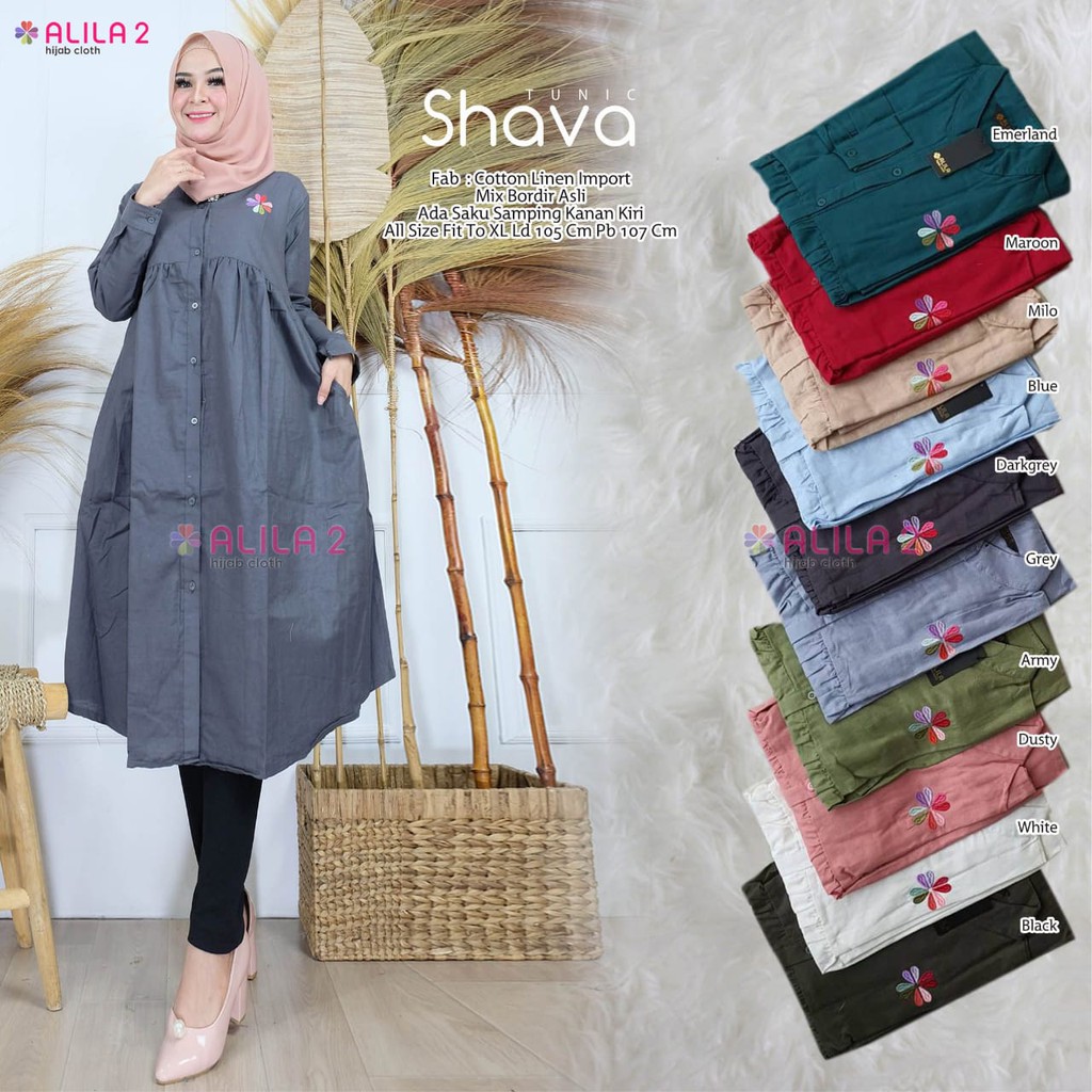 Atasan Muslimah Shava Tunic Cotton Linen Import Mix Bordir Asli LD 105 ORI ALILA