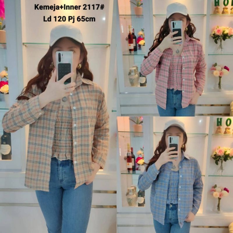 Kemeja +iner 6732-1(fit xl) 2117 hem wanita panjang motif tartan kotak kotak Katun import