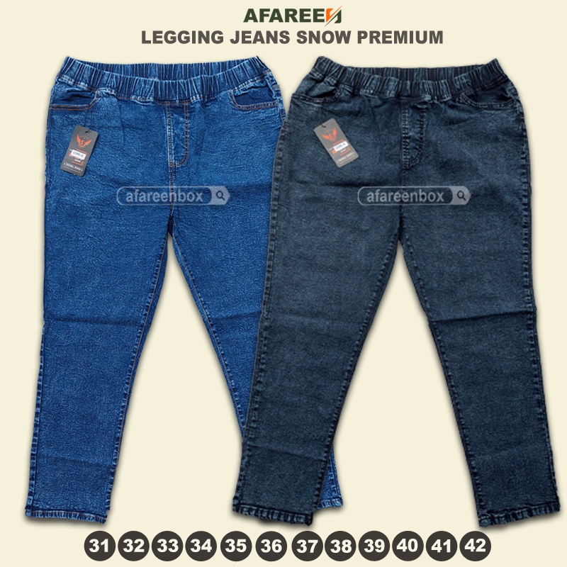 Celana Legging Jeans Wanita Jumbo Snow Celana Panjang Pinggang Full Karet Bigsize Snow Blue Navy 31-42