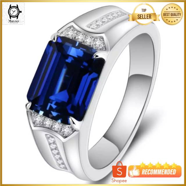 Cincin Pria Perak Blue Sapphire Safir Biru Cutting Mewah Modern Berkelas