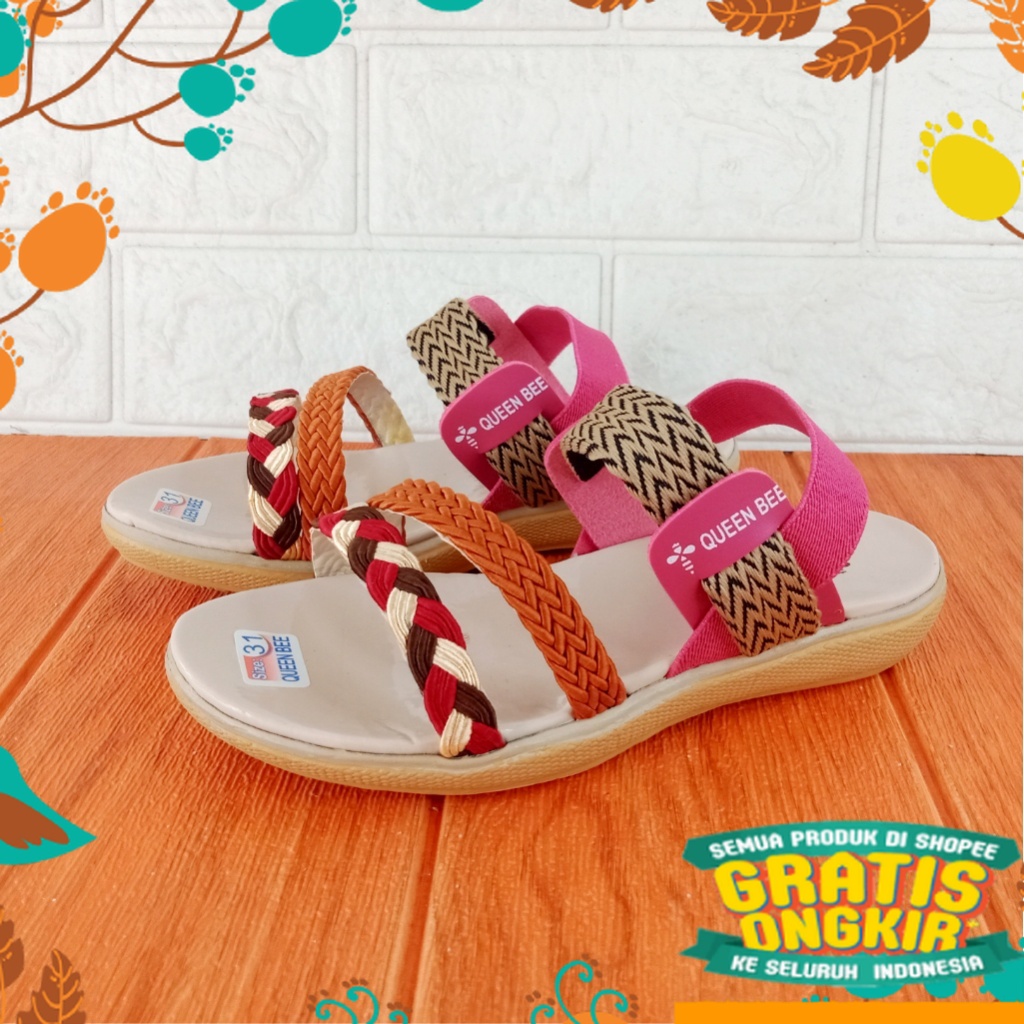 spatu anak kecil hitam polos full black / Sandal Anak Perempuan Let Queen Bee Size 26-35