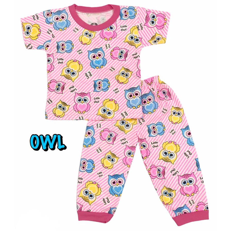 (1 KG MUAT 7 STEL) BAJU TIDUR CP ANAK KIDS PEREMPUAN/CEWEK SETELAN/STELAN KAOS KATUN 1-4 TAHUN OWL/BURUNG