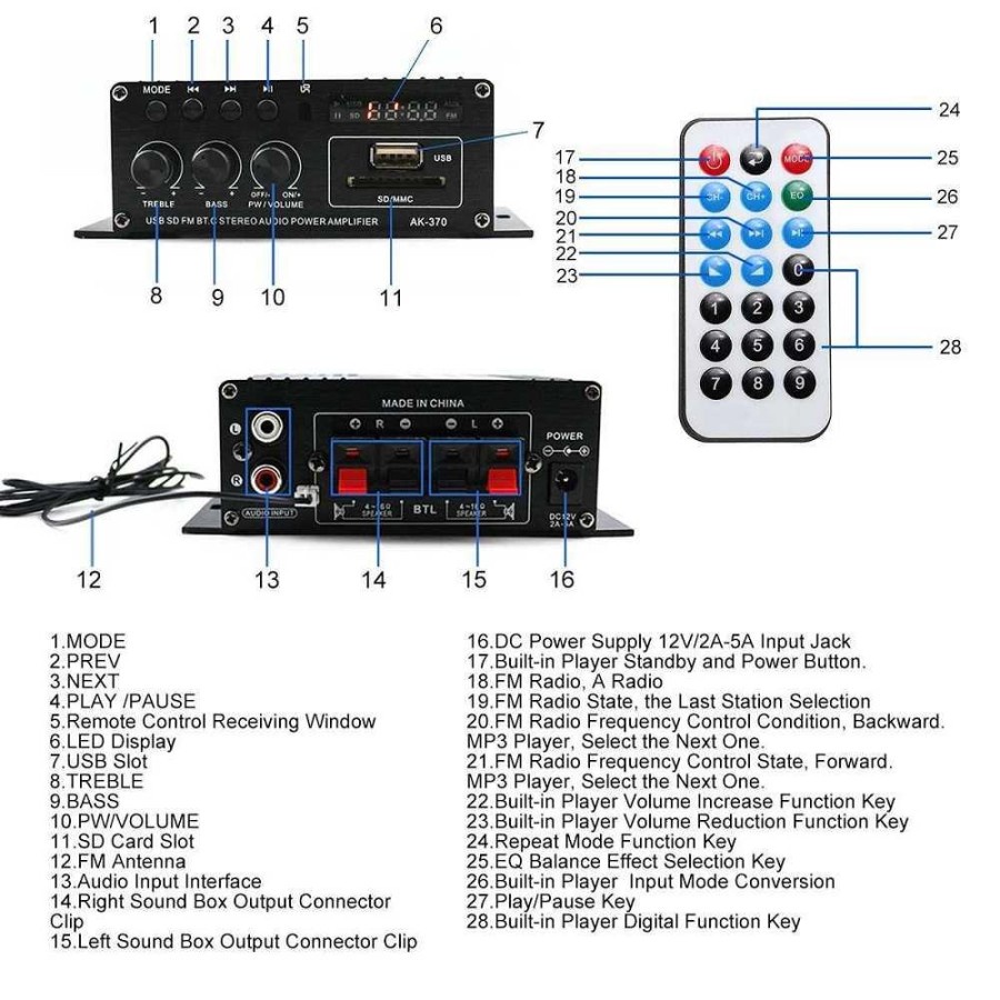 Penguat Daya Audio Bluetooth Car Power Amplifier 12V 400W - AK370 - Black