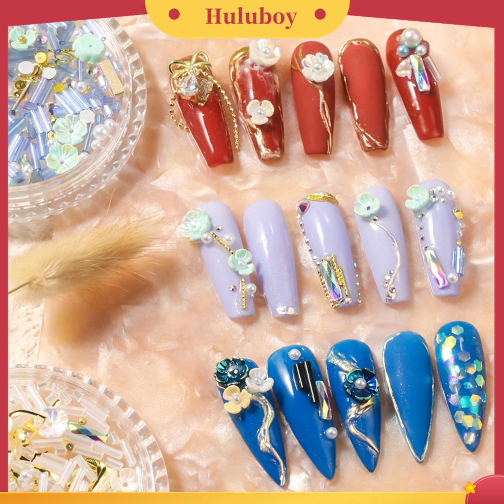 Huluboy Huluboy♡ 1 Kotak Ornamen Kuku 3D Bentuk Bunga Warna-Warni Untuk Wanita